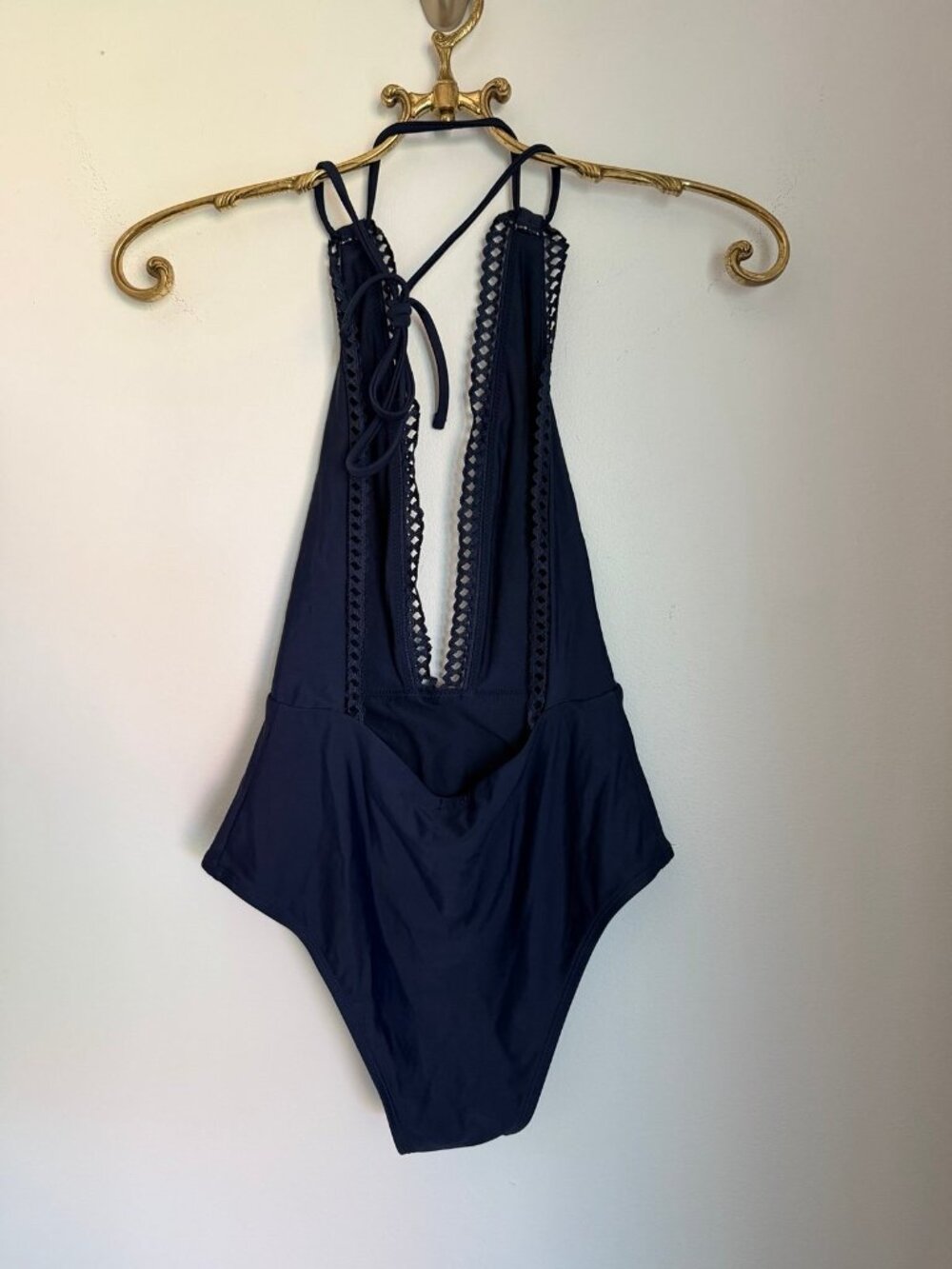 Aerie One Piece Swimsuit Small Blue Plunge Halter Crochet Trim - Picture 8 of 8